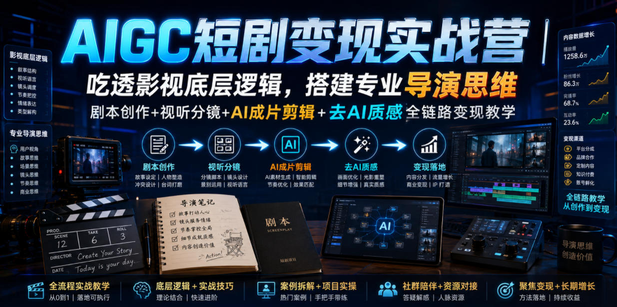 AIGC短剧变现实战营|吃透影视底层逻辑,搭建专业导演思维,剧本创作+视听分镜+AI成片剪辑+去AI质感全链路变现教学-优优云网创
