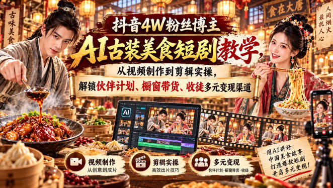 抖音4W粉丝博主AI古装美食短剧教学,从视频制作到剪辑实操,解锁伙伴计划、橱窗带货、收徒多元变现渠道-优优云网创-中创网