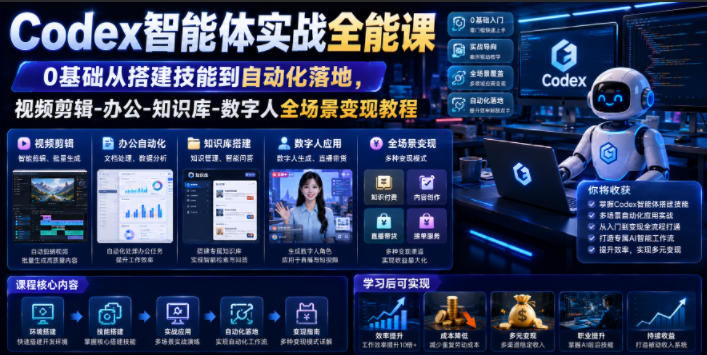 Codex智能体实战全能课|0基础从搭建技能到自动化落地,视频剪辑-办公-知识库-数字人全场景变现教程-优优云网创