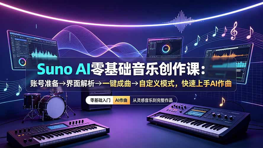 Suno AI零基础音乐创作课:账号准备→界面解析→一键成曲→自定义模式,快速上手AI作曲-优优云网创