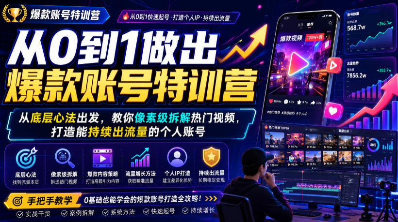 从0到1做出爆款账号特训营，从底层心法出发，教你像素级拆解热门视频，打造能持续出流量的个人账号-优优云网创