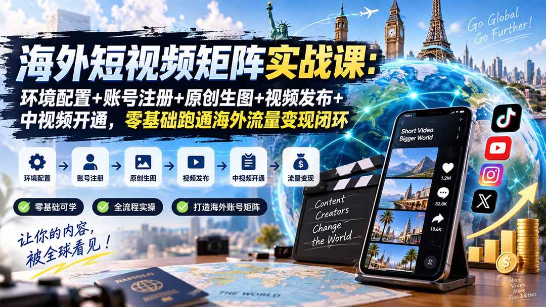 （20470期）海外短视频矩阵实战课：环境配置+账号注册+原创生图+视频发布+中视频开通，零基础跑通海外流量变现闭环-优优云网创-中创网