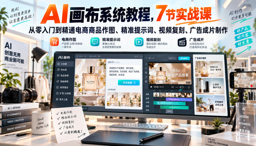 AI画布系统教程，7节实战课从零入门到精通电商商品作图、精准提示词、视频复刻、广告成片制作-优优云网创-中创网