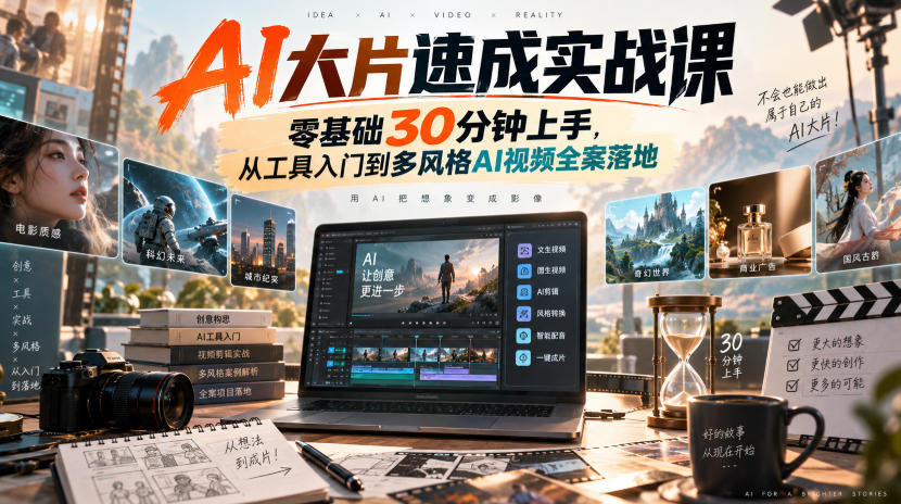 AI大片速成实战课|零基础30分钟上手,从工具入门到多风格AI视频全案落地-优优云网创-中创网