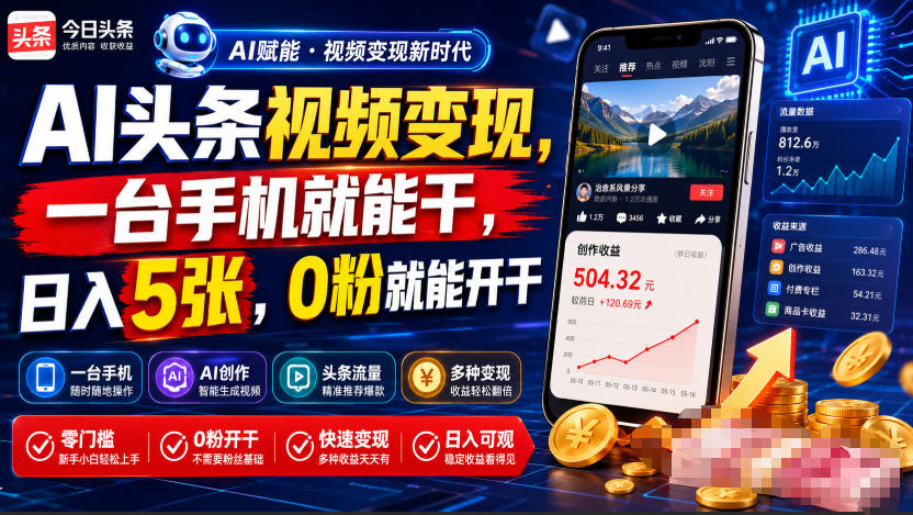 AI头条视频变现，一台手机就能干，日入5张，0粉就能开干-优优云网创