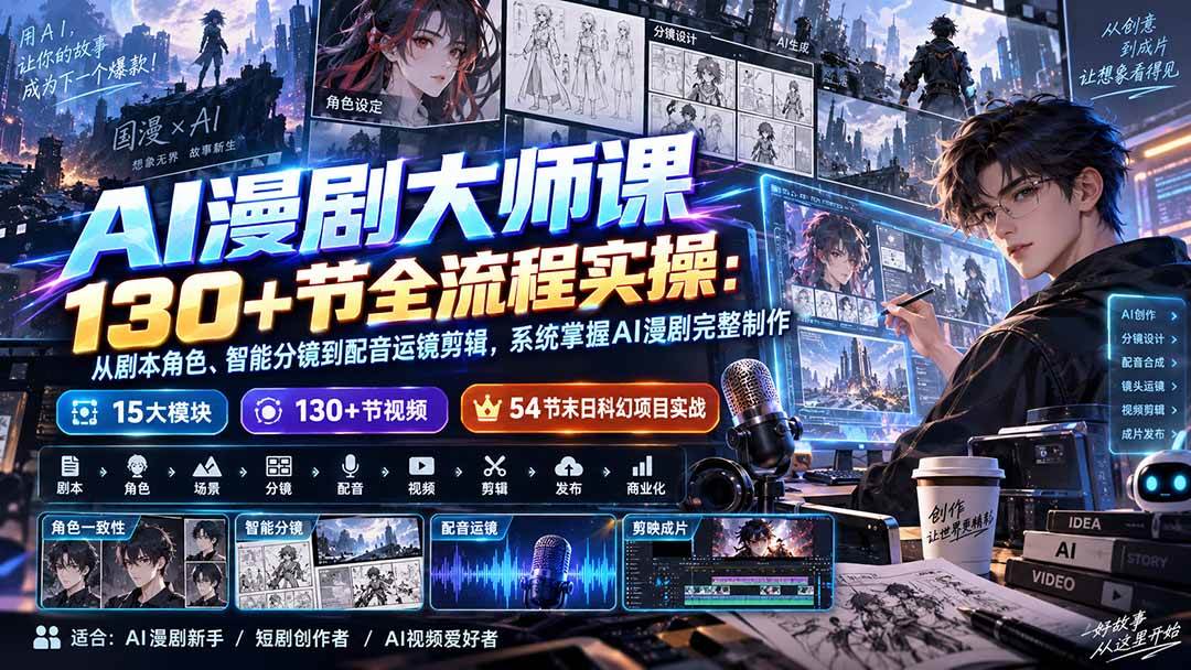 (20326期)AI漫剧大师课130+节全流程实操:从剧本角色、智能分镜到配音运镜剪辑,系统掌握AI漫剧完整制作-优优云网创-中创网