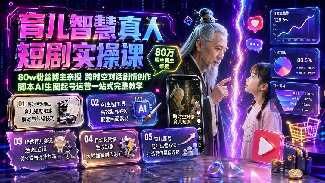 育儿智慧真人短剧实操课|80w粉丝博主亲授,跨时空对话剧情创作,脚本AI生图起号运营一站式完整教学-优优云网创