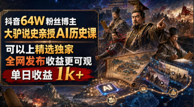 抖音64W粉丝博主大驴说史亲授AI历史课,可以上精选独家,全网发布收益更可观,单日收益1k+-优优云网创