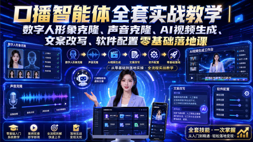 口播智能体全套实战教学|数字人形象克隆、声音克隆、AI视频生成、文案改写、软件配置零基础落地课-优优云网创