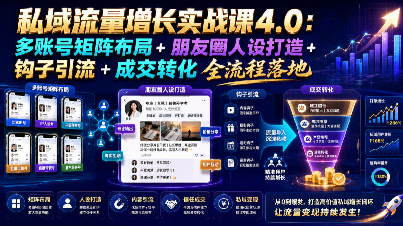 私域流量增长实战课4.0:多账号矩阵布局+朋友圈人设打造+钩子引流+成交转化全流程落地-优优云网创