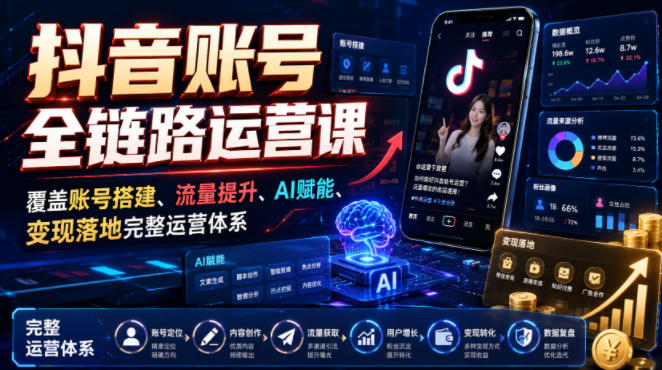 抖音账号全链路运营课,覆盖账号搭建、流量提升、AI赋能、变现落地完整运营体系-优优云网创