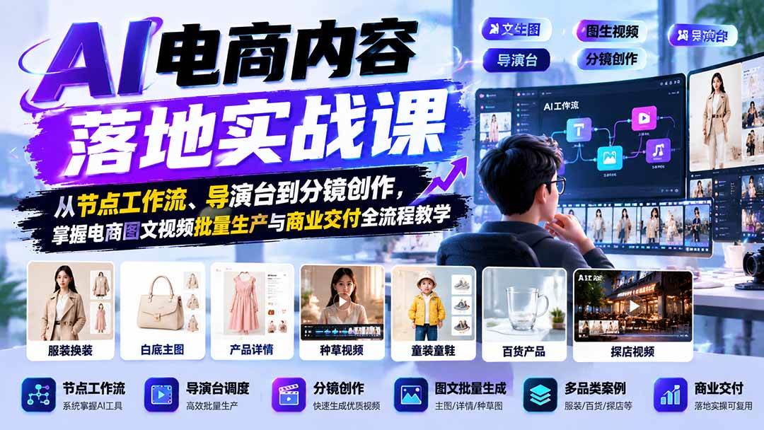 (21136期)AI电商内容落地实战课:从节点工作流、导演台到分镜创作,掌握电商图文视频批量生产与商业交付全流程教学-优优云网创-中创网