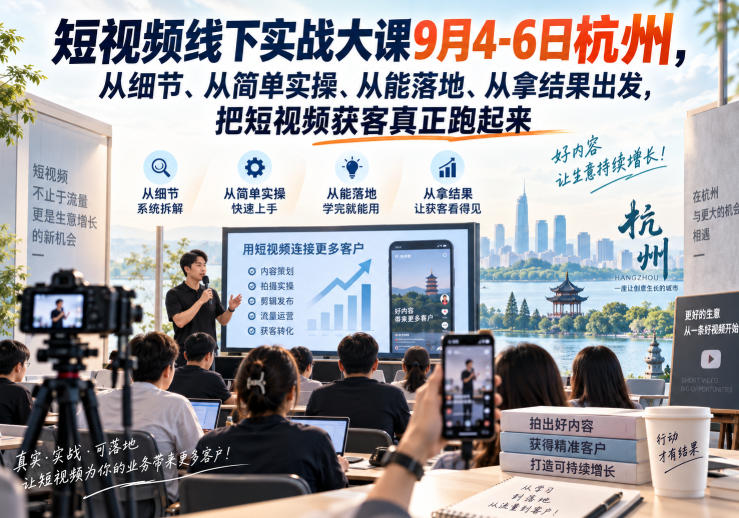 短视频线下实战大课9月4-6日杭州,从细节、从简单实操、从能落地、从拿结果出发,把短视频获客真正跑起来-优优云网创-中创网