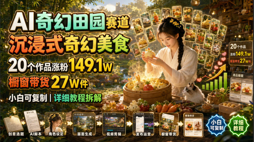 AI奇幻田园赛道,沉浸式奇幻美食,20个作品涨粉149.1W,橱窗带货27W件,小白可复制,详细教程拆解-优优云网创