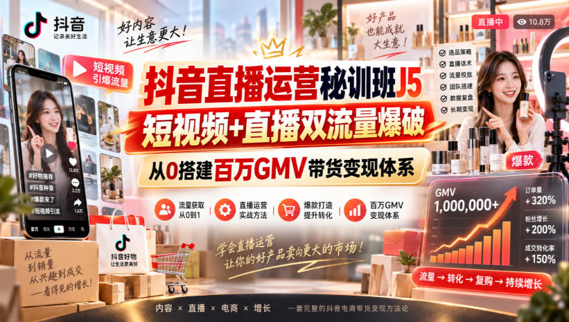 抖音直播运营秘训班J5|短视频+直播双流量爆破,从0搭建百万GMV带货变现体系-优优云网创-中创网