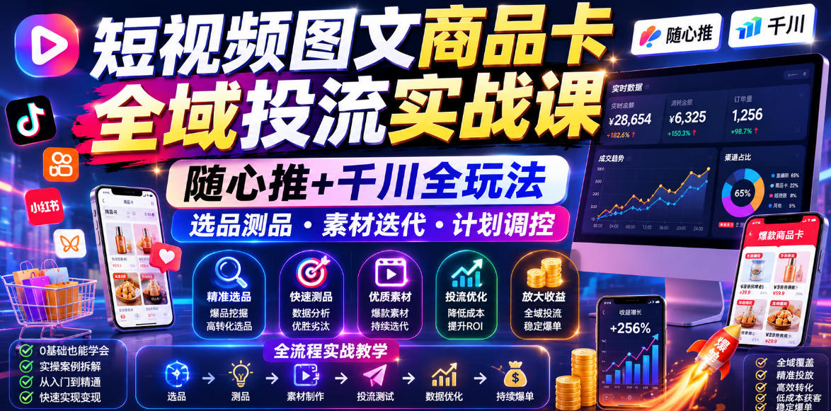短视频图文商品卡全域投流实战课,随心推+千川全玩法,选品测品・素材迭代・计划调控,提升ROI爆单增收教程-优优云网创