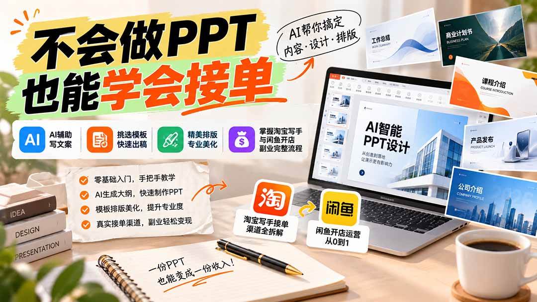 （20945期）不会做PPT也能学会接单：AI辅助写文案、挑模板、做排版，掌握淘宝写手与闲鱼开店副业完整流程-优优云网创-中创网