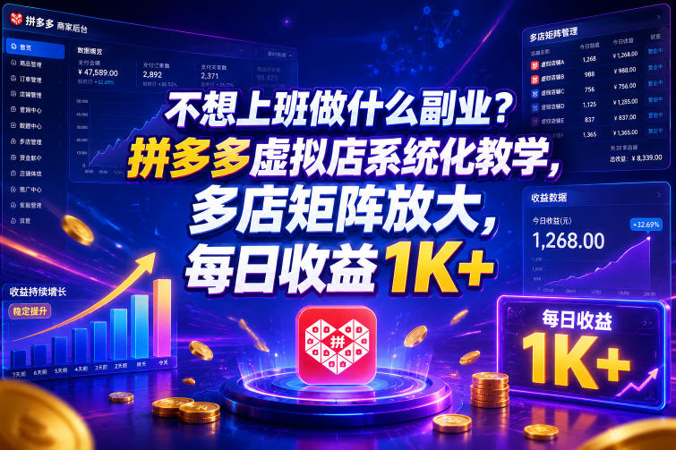 不想上班做什么副业？拼多多虚拟店系统化教学，多店矩阵放大，每日收益1K+【揭秘】-优优云网创