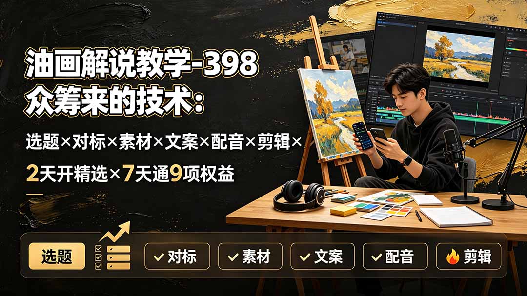 油画解说教学-398众筹来的技术:选题×对标×素材×文案×配音×剪辑×2天开精选×7天通9项权益-优优云网创