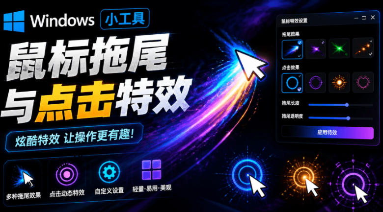 Windows特效小工具！一键给你的鼠标添加拖尾与点击动态特效，吾爱出品，免费使用Mouse Trail-优优云网创
