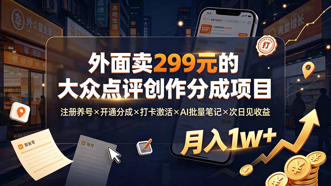 外面卖299元的大众点评创作分成项目：注册养号×开通分成×打卡激活×AI批量笔记×次日见收益，月入1w+-优优云网创