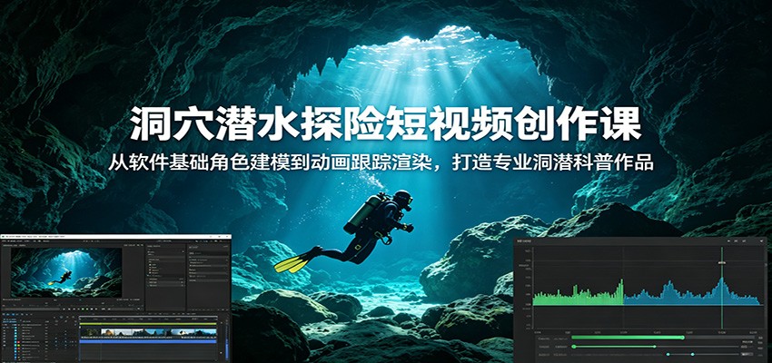洞穴潜水探险短视频创作课:从软件基础角色建模到动画跟踪渲染,打造专业洞潜科普作品-优优云网创