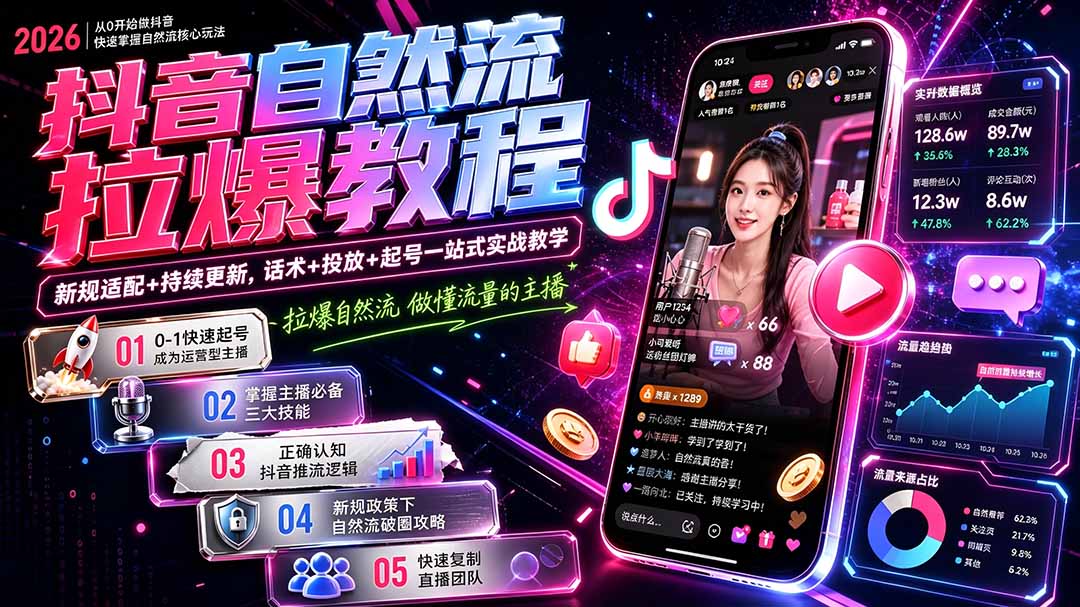 抖音自然流拉爆教程-更新7月:做懂流量的主播,新规适配+持续更新,话术+投放+起号一站式实战教学-优优云网创