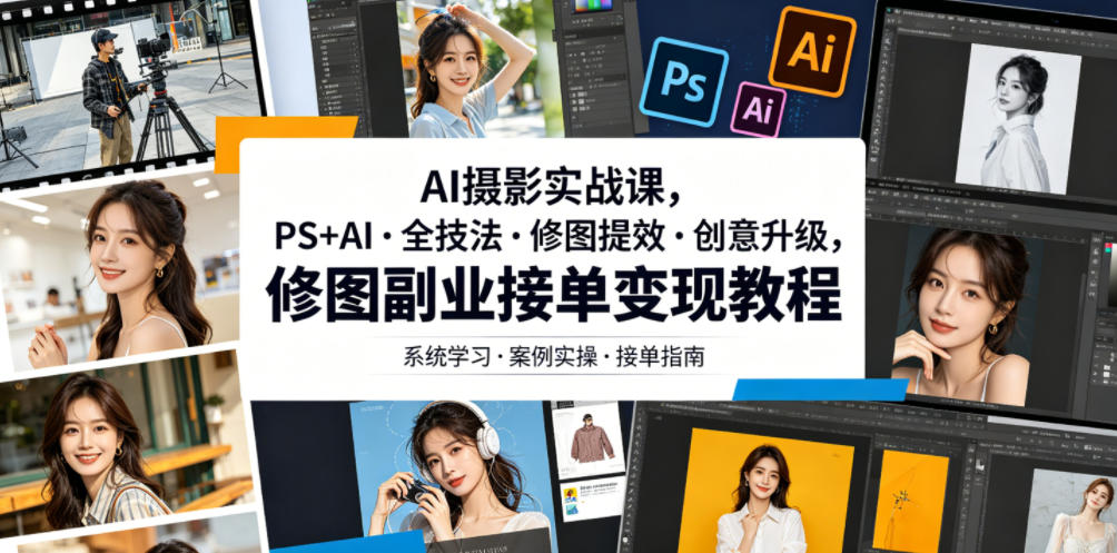 AI摄影实战课，PS+AI・全技法・修图提效・创意升级，修图副业接单变现教程-优优云网创