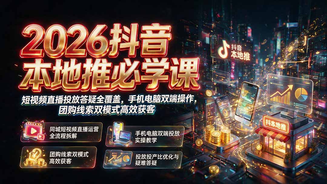 2026抖音本地推必学课|短视频直播投放答疑全覆盖,手机电脑双端操作,团购线索双模式高效获客-优优云网创