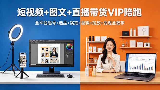 (18319期)短视频+图文+直播带货VIP陪跑,全平台起号+选品+实拍+剪辑+投放+变现全教学-优优云网创