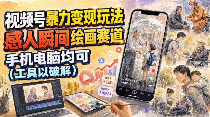 视频号暴力变现玩法,感人瞬间绘画赛道,手机电脑均可-优优云网创