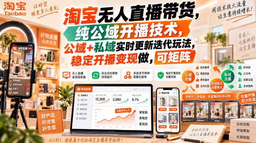 淘宝无人直播带货,纯公域开播技术,公域+私域实时更新迭代玩法,稳定开播变现做,可矩阵【揭秘】-优优云网创-中创网