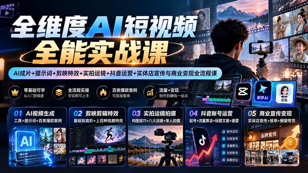 (20768期)【无水印】全维度AI短视频全能实战课:AI成片+提示词+剪映特效+实拍运镜+抖音运营+实体店宣传与商业变现全流程课-优优云网创-中创网