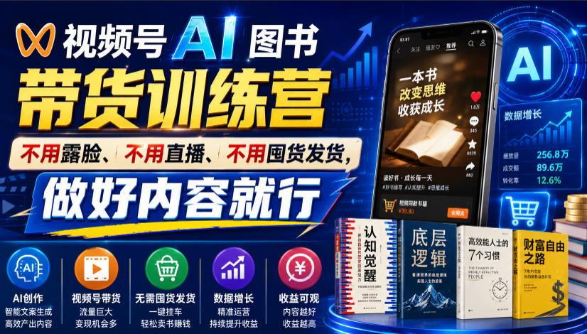 视频号AI图书带货训练营，不用露脸、不用直播、不用囤货发货，做好内容就行，一条爆款视频佣金8942-优优云网创