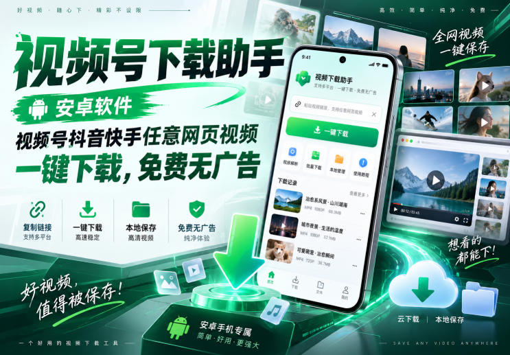 视频号下载助手,安卓软件,视频号抖音快手任意网页视频,一键下载,免费无广告-优优云网创-中创网