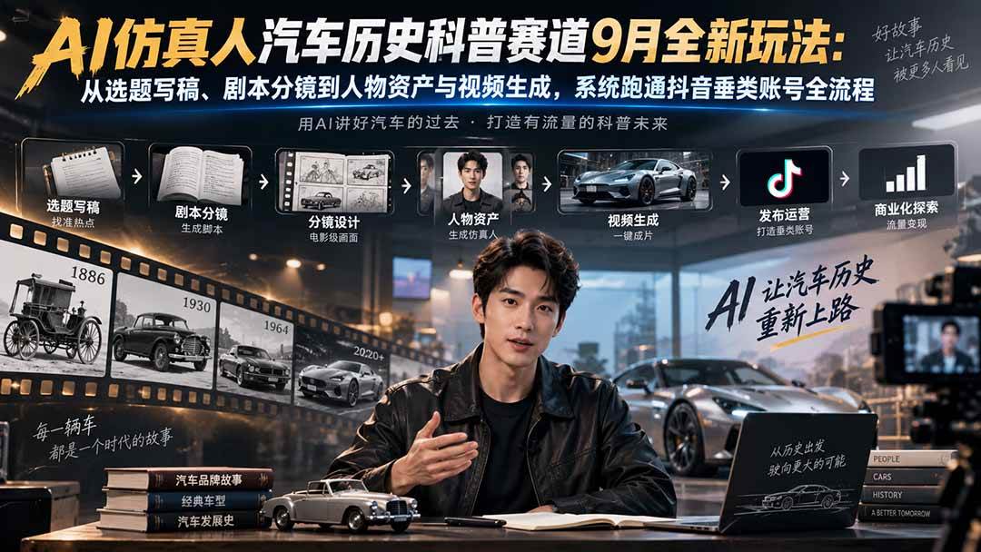 (20413期)AI仿真人汽车历史科普赛道9月全新玩法:从选题写稿、剧本分镜到人物资产与视频生成,系统跑通抖音垂类账号全流程-优优云网创-中创网