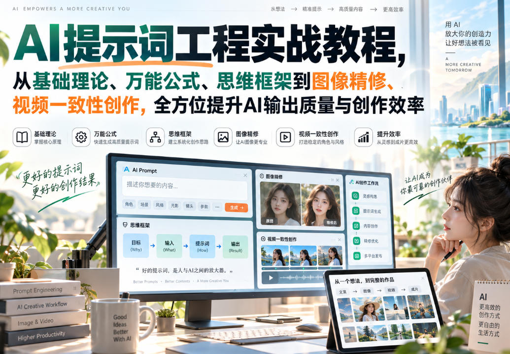 AI提示词工程实战教程,从基础理论、万能公式、思维框架到图像精修、视频一致性创作,全方位提升AI输出质量与创作效率-优优云网创-中创网