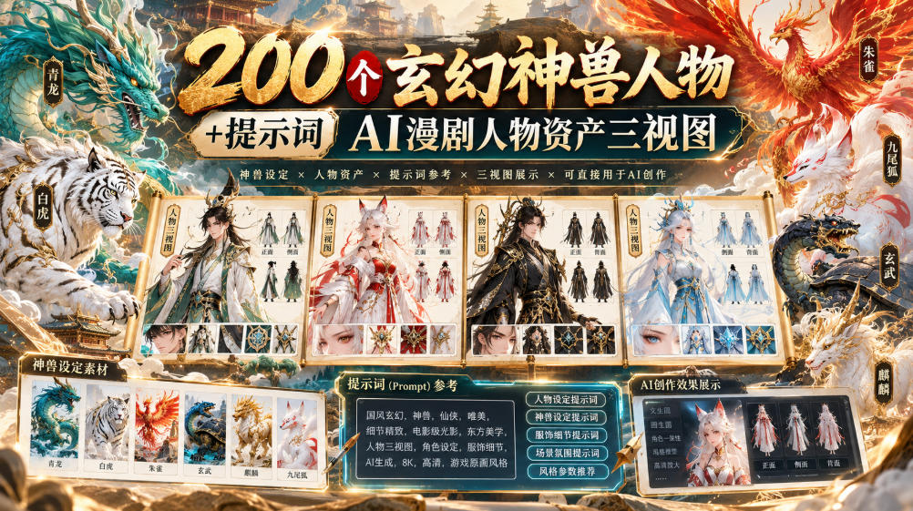 200个玄幻神兽人物+提示词ai漫剧人物资产三视图-优优云网创-中创网