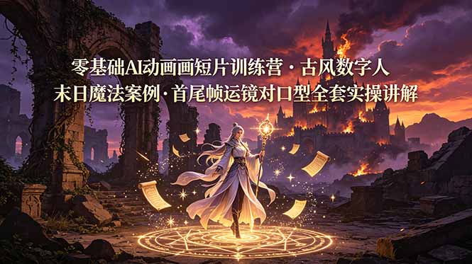 零基础AI动画短片训练营，古风数字人末日魔法案例，首尾帧运镜对口型全套实操讲解-优优云网创