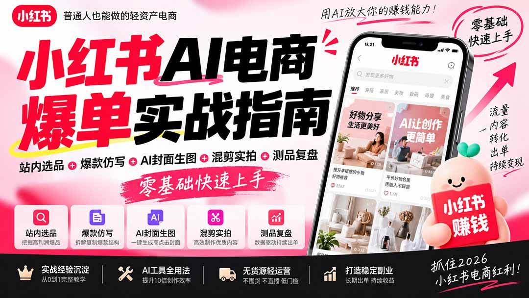 (20516期)2026小红书AI电商爆单实战指南:站内选品+爆款仿写+AI封面生图+混剪实拍+测品复盘,零基础快速上手-优优云网创-中创网