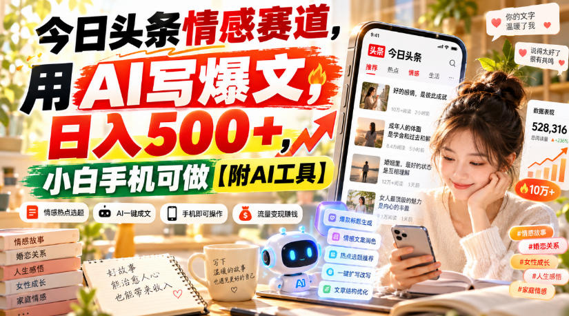 今日头条情感赛道,用AI写爆文,日入500+,小白手机可做【附AI工具】-优优云网创-中创网