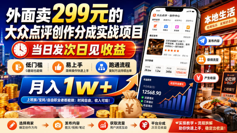 外面卖299元的大众点评创作分成实战项目，当日发次日见收益，低门槛易上手，跑通流程月入1w+-优优云网创