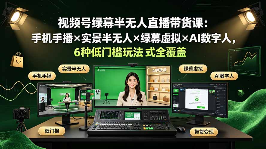 视频号绿幕半无人直播带货课:手机手播×实景半无人×绿幕虚拟×AI数字人,6种低门槛玩法全覆盖-优优云网创