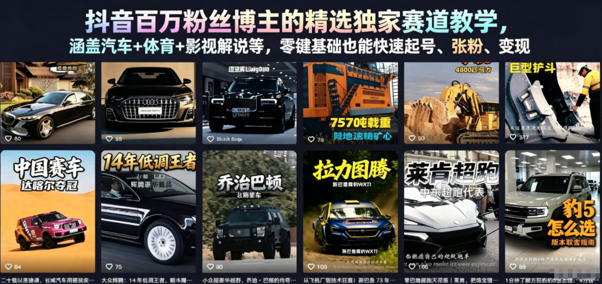 抖音百万粉丝博主的精选独家赛道教学，涵盖汽车+体育+影视解说等，零基础也能快速起号、涨粉、变现(更新0701)-优优云网创