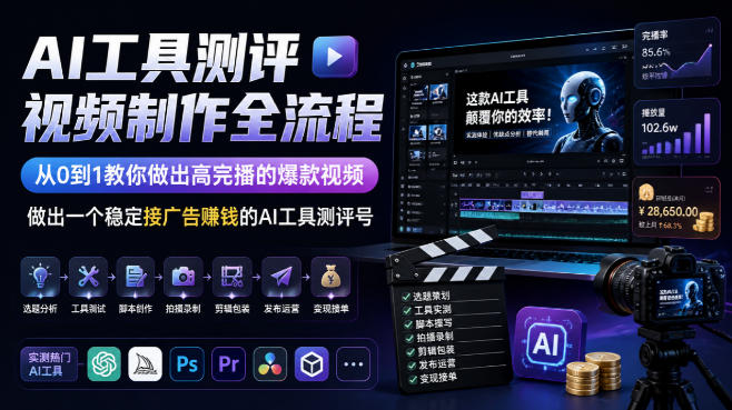 AI工具测评视频制作全流程,从0到1教你做出高完播的爆款视频,做出一个稳定接广告賺钱的AI工具测评号-优优云网创-中创网