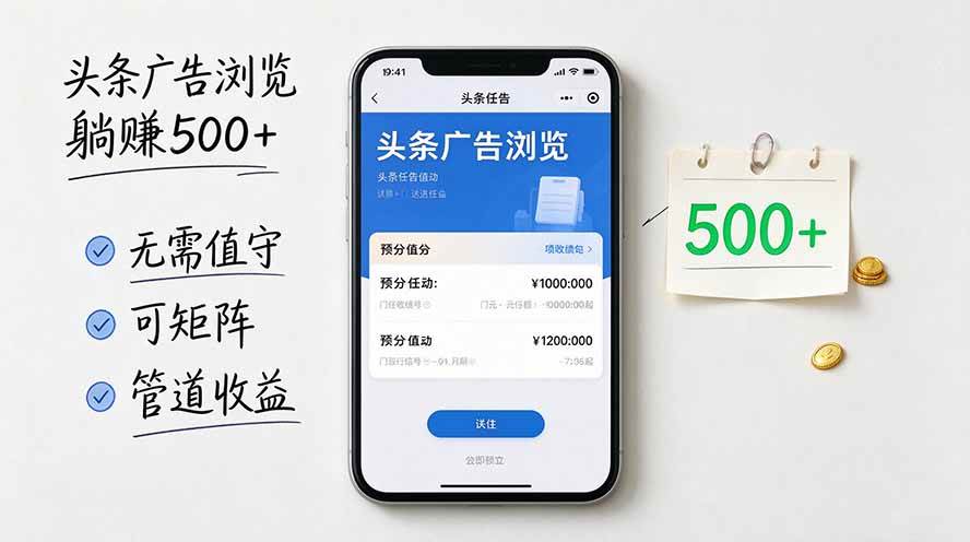 (20835期)头条广告浏览躺赚500+无需值守,可矩阵并附有管道收益-优优云网创-中创网