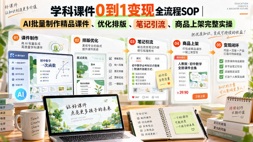 学科课件0到1变现全流程SOP|AI批量制作精品课件、优化排版、笔记引流、商品上架完整实操-优优云网创-中创网