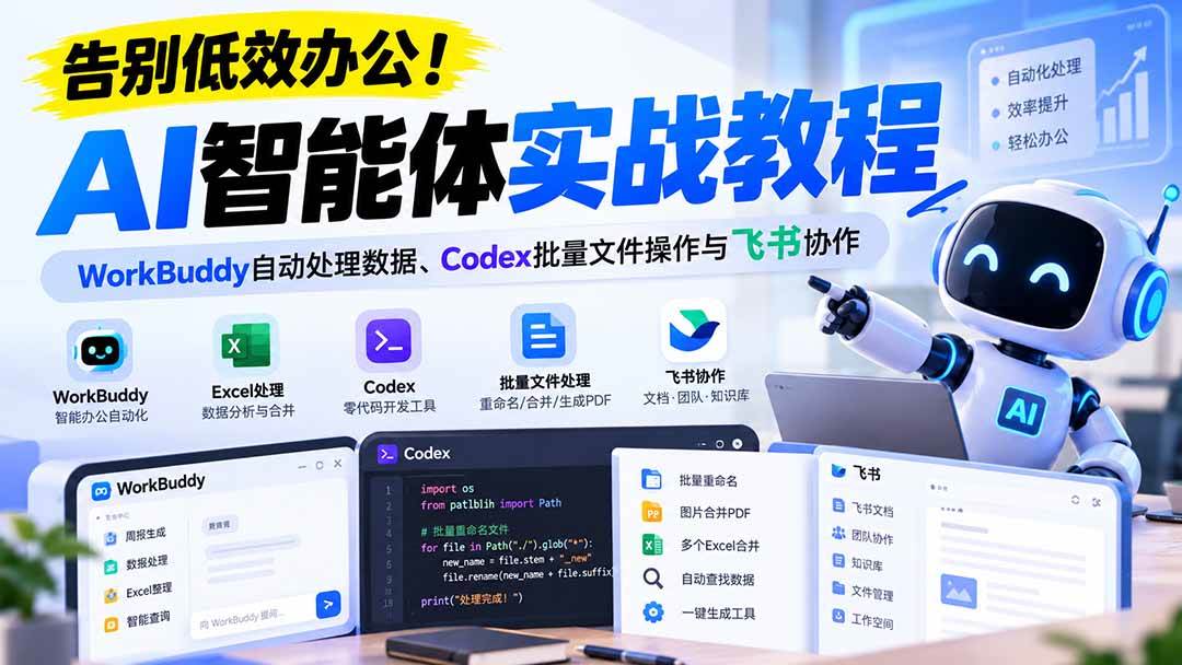 (21193期)【无水印】告别低效办公!《AI智能体实战教程》WorkBuddy自动处理数据、Codex批量文件操作与飞书协作 (21193期)【无水印】告别低效办公!《AI智能体实战教程》WorkBuddy自动处理数据、Codex批量文件操作与飞书协作