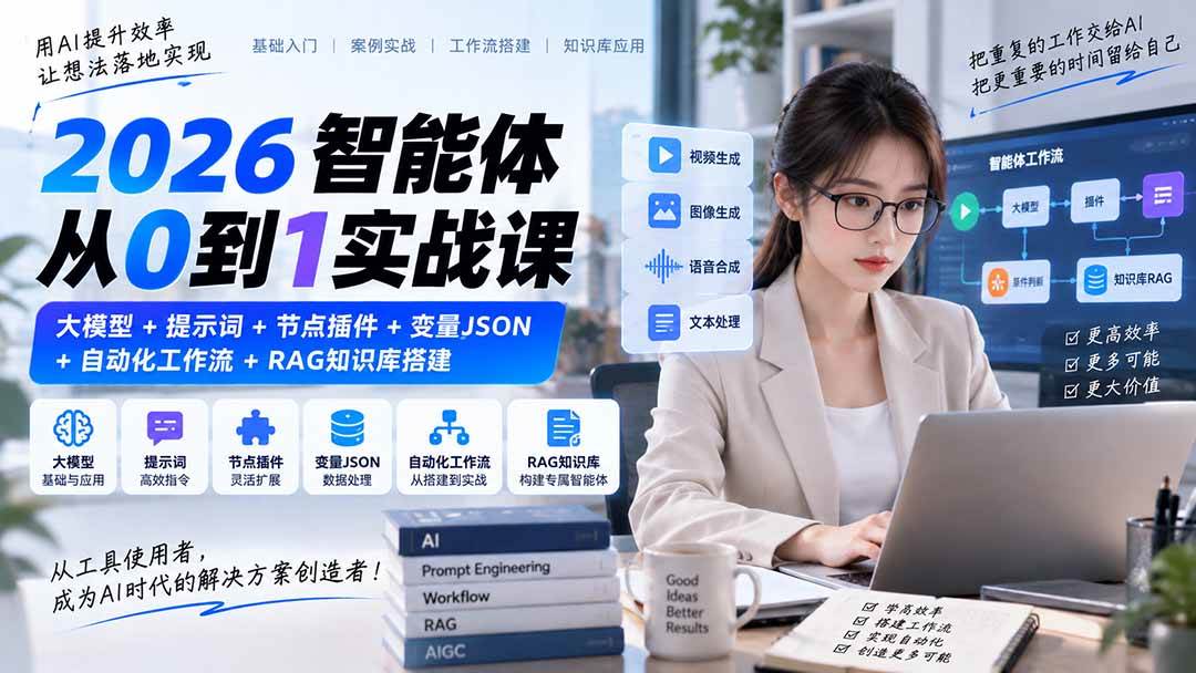 （20546期）2026智能体从0到1实战课｜大模型+提示词+节点插件+变量JSON+自动化工作流+RAG知识库搭建-优优云网创-中创网