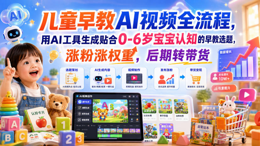 儿童早教AI视频全流程,用AI工具生成贴合0-6岁宝宝认知的早教选题,涨粉涨权重,后期转带货-优优云网创